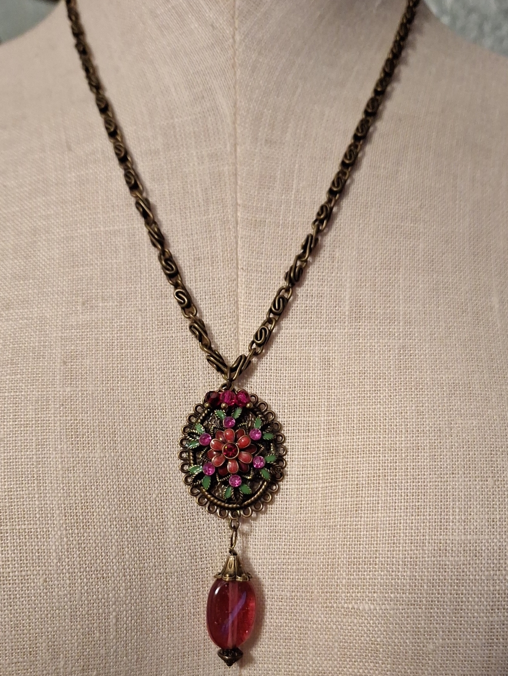 Vintage Style Brass Pendant Necklace with Pink and Green Enamel Flower